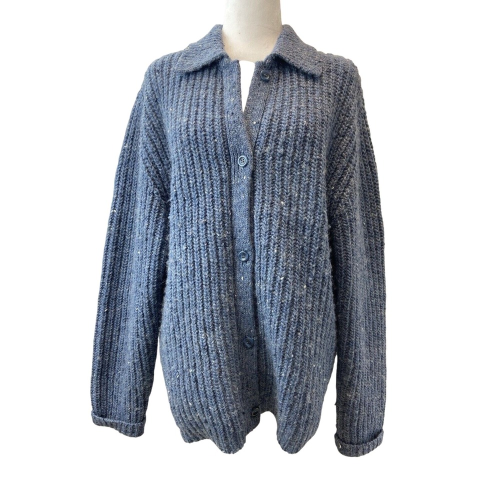 Eddie‎ Bauer Sweater Cardigan Womens L Blue Wool Nylon Collared Chunky Knit